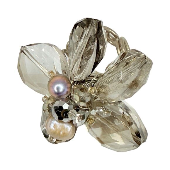 Glass Flower Statement Ring Sz 7 Bead Silver Cottagecore - Picture 13 of 15